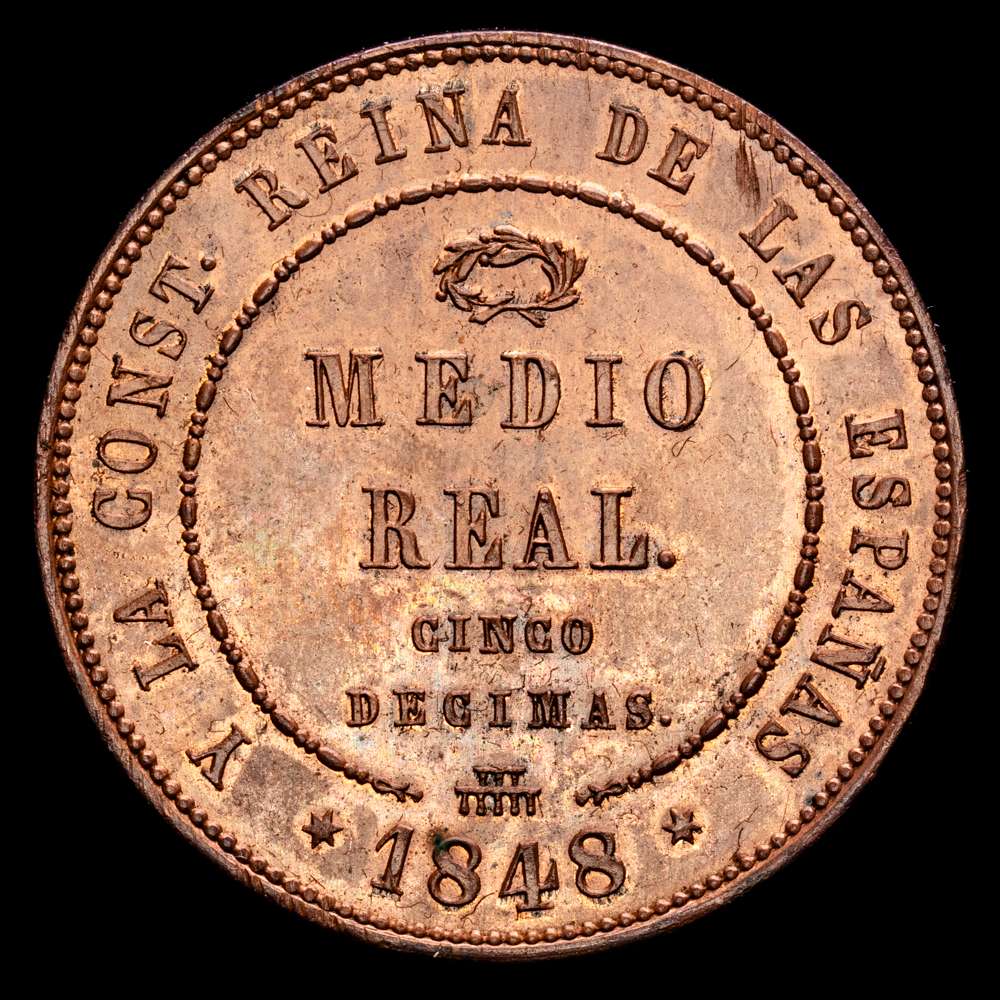 Isabel II (1833-1868). Medio real. 1848. Segovia. (Cal-153). Ae. 19,43 gramos. Rarisísima. SC. Soberbio y bellísimo ejemplar. Rarísimo en esta sobresaliente presentación.
