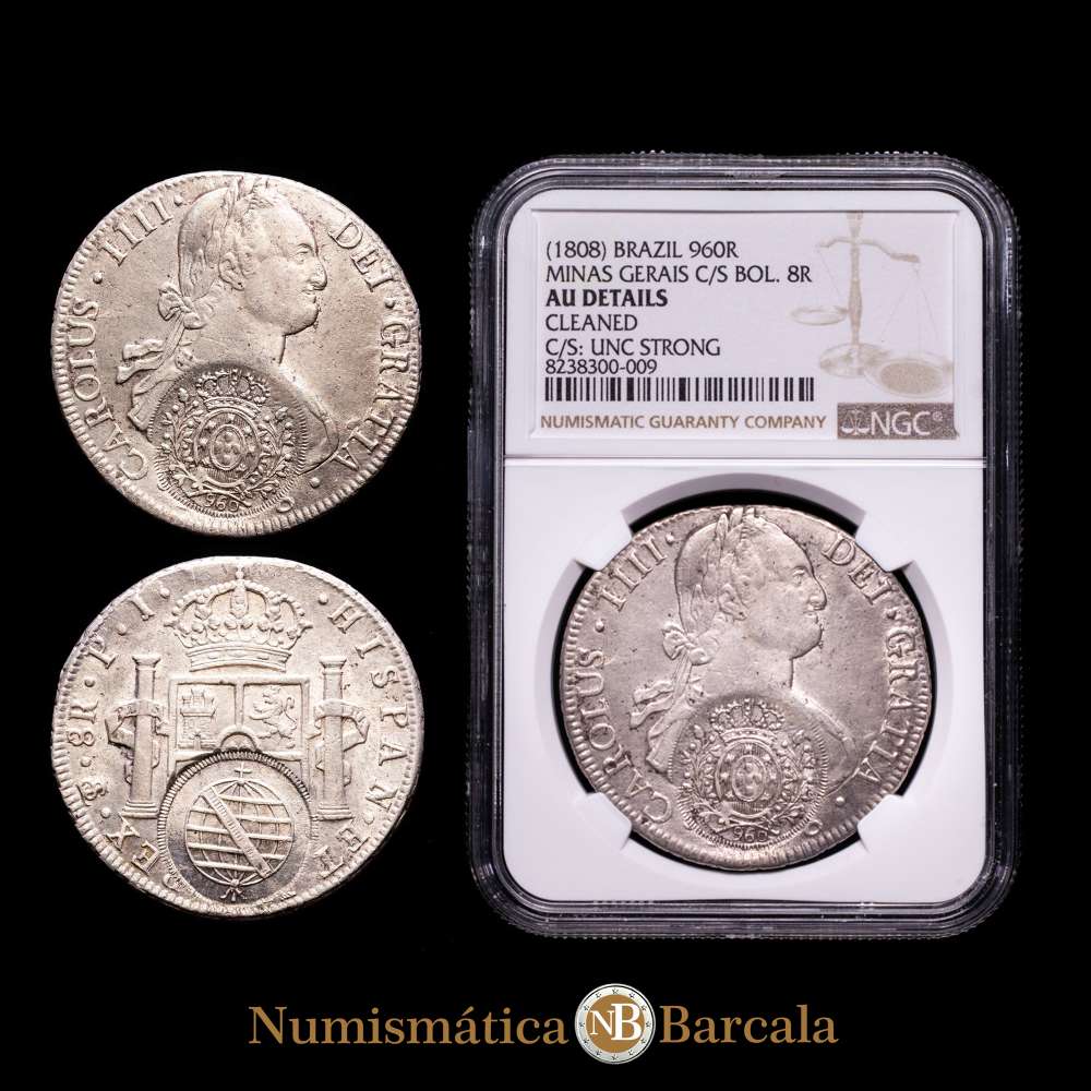 Carlos IV 8 Reales. (1808). Potosí. Ensayador P·J. Doble resello de Minas Gerais para circular por Brasil, acuñado sobre 8 reales de (180) de Potosí. Encapsulada por NGC como AU Details.