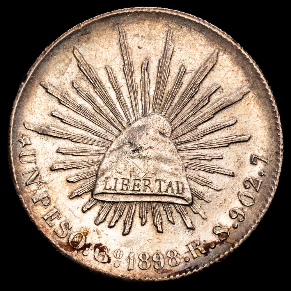 México. 1 Peso. 1898. Guanajuato. RS. (Km-409,1). Ag. 27,05 gramos. XF. Tono.