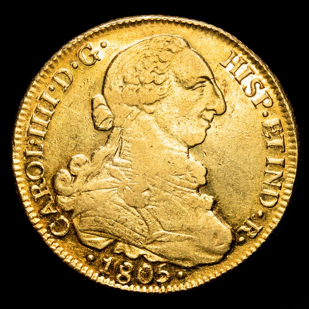 Carlos IV. 8 Escudos. (27,01 g.). Santiago. 1805. F·J. AC-1775. EBC-/SC. Gran parte del brillo original en anverso,con un brillo espectacular en el reverso. Muy rara en esta presentación.