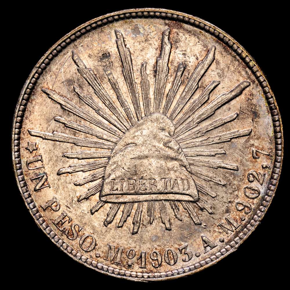 México. 1 Peso. 1903. Ciudad de México. AM. (Km-409,2).  Ag. 27,09 gramos. EBC+. Tono.