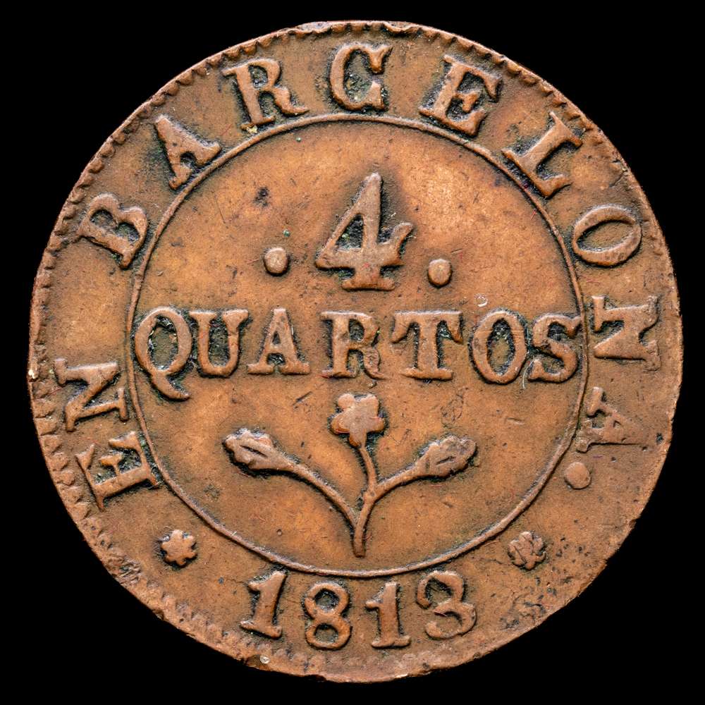 José Napoleón (1808-1814). 4 cuartos. 1813. Barcelona. (Cal-21). Ae. 8,35 gramos. Escasa. MBC+.