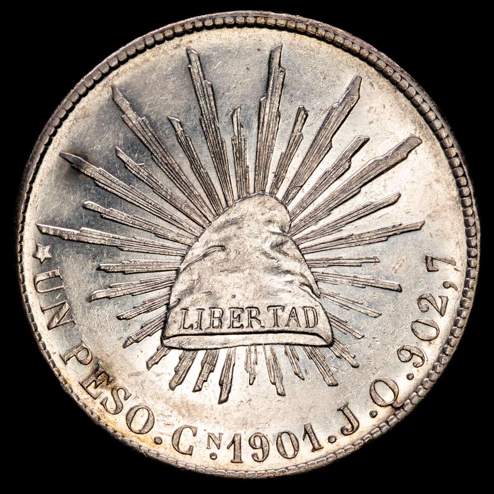 México. 1 peso. 1901. Culiacán. JQ. (Km-409). Plata, 27,11 gramos. Gran parte de brillo original. UNC-. Rara.
