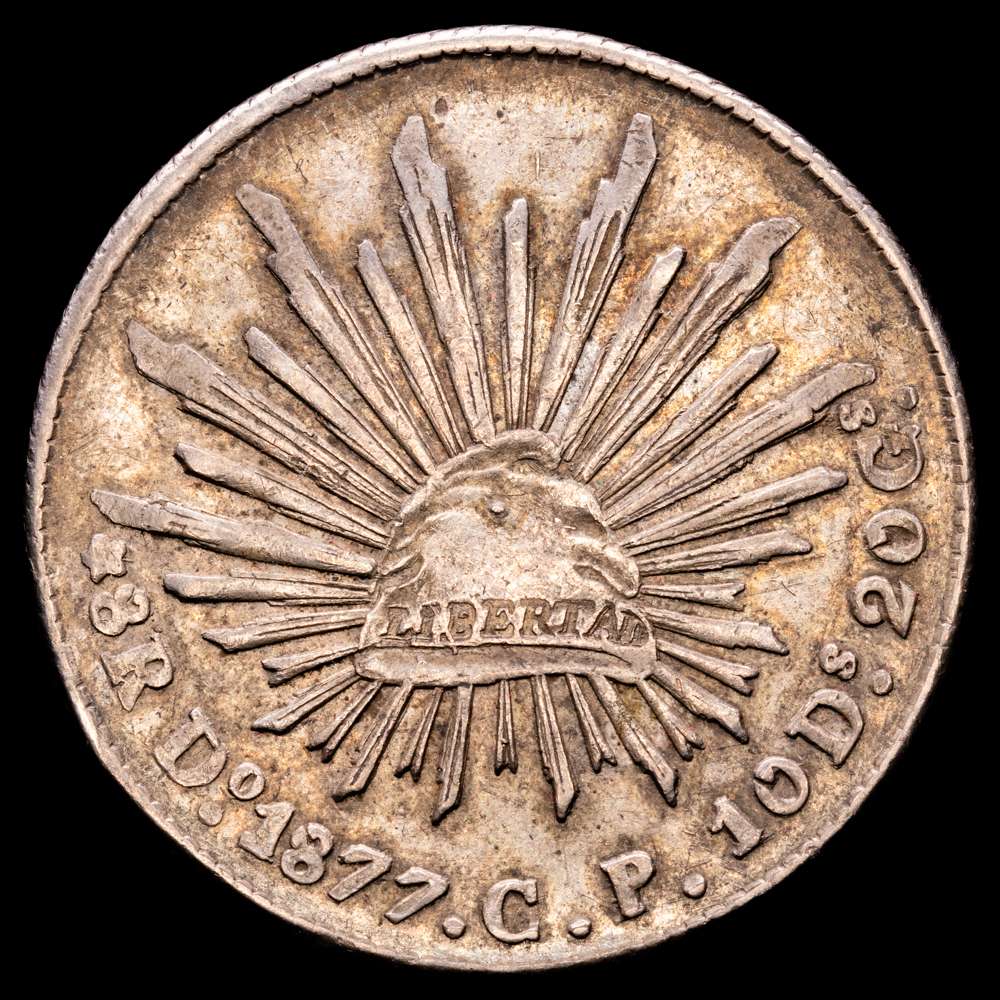 México. 8 reales. 1877. Durango. CP. (Km-377,4). Ag. 27,66 gramos. MBC+. Tono.
