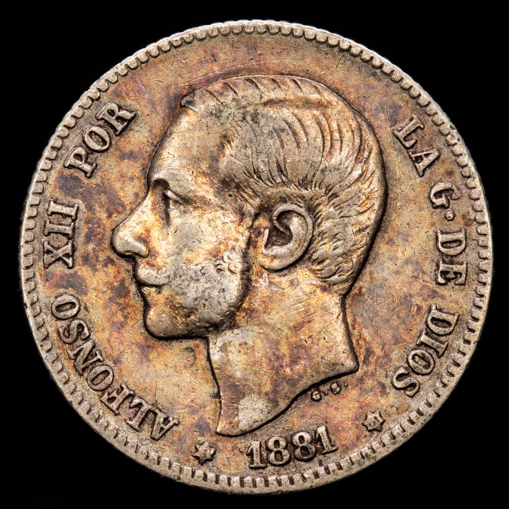 Alfonso XII. 1 Peseta. (4,99 g.). Madrid. 1881 *_-81*. MS·M. AC-17. 1ª estrella No visible. Pátina. MBC. Escasa.