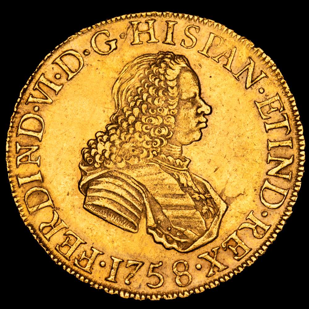 Fernando VI (1746-1759). 8 escudos. 1758. Lima. JM. (Cal-774). (Cal onza-588). Au. 27,00 gramos. Hojita en el anverso. Sin indicador de valor. Rara. EBC-.
