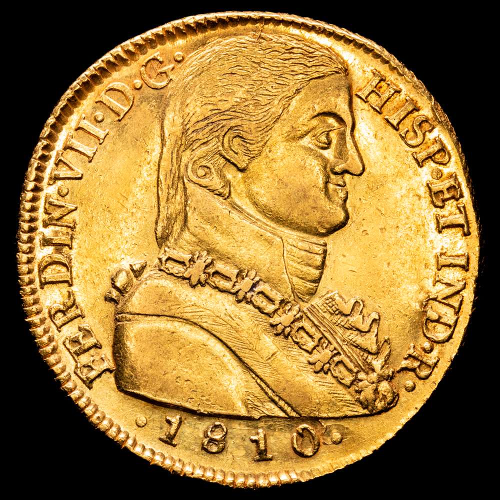 Fernando VII (1808-1833). 8 escudos. 1810. Santiago. FJ. (Cal-1863). Au. 27,02 gramos. Busto almirante. Precioso color. Lindo. Gran parte de brillo original. Buen ejemplar. Rara. EBC+.