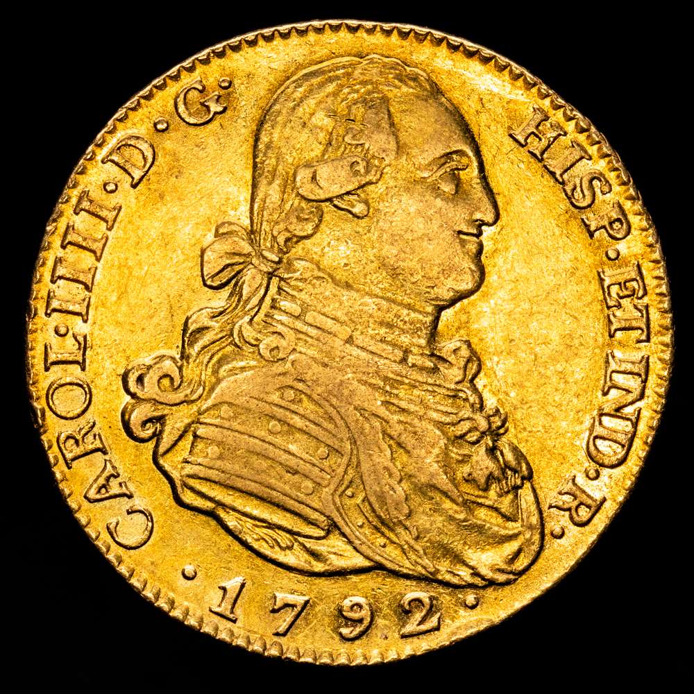 Carlos IV. Madrid. 4 escudos. 1792. MF. (Cal-1475). Au. 13´34g. restos de brillo original en anverso y brillo original en reverso. tono suave. EBC.