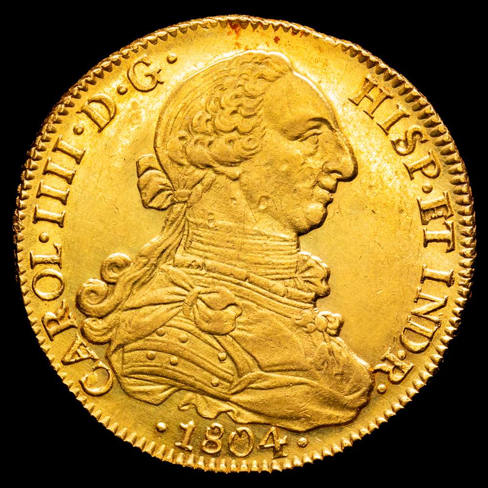 CARLOS IV. 8 escudos. 1804. Santiago. FJ. UA 27,19 g. 36,9 milímetros. (AC. 1774). Gran parte de brillo original en el anverso  y todo su brillo original en el reverso. EBC/EBC+.