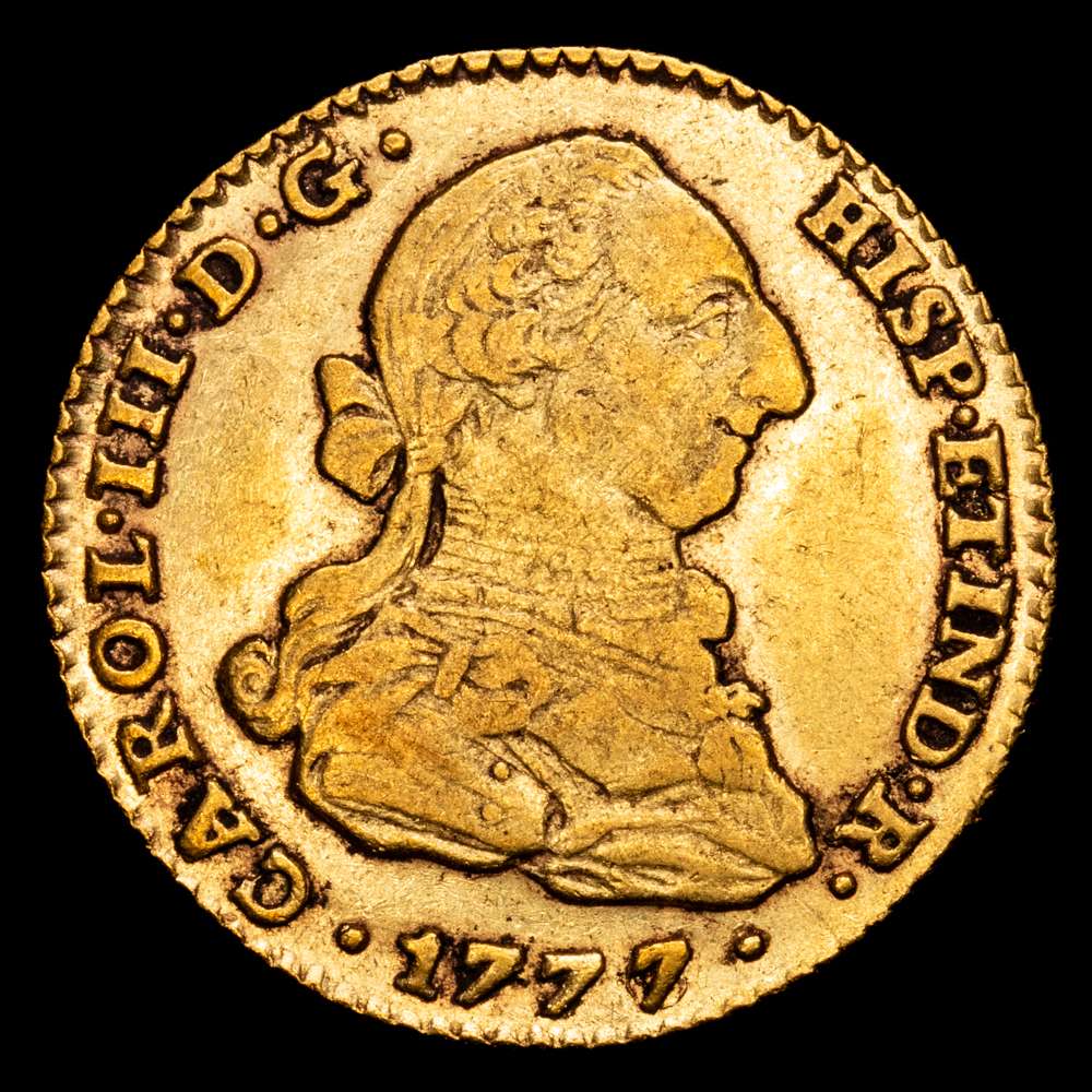 CARLOS III. 2 escudos. 1777/6. Sevilla. CF. UA 6,71 g. 22,3 mm. VI-1420; AC-1731. R.B.O. MBC. Fecha muy escasa.