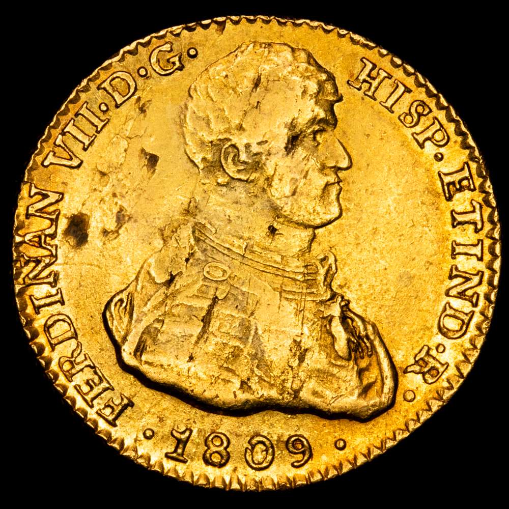 FERNANDO VII. 2 escudos. 1809. Sevilla. CN. Hojas en anv. AU 6,77 g. 22,86 mm. VI-1382; AC-1667. R.B.O. VF.