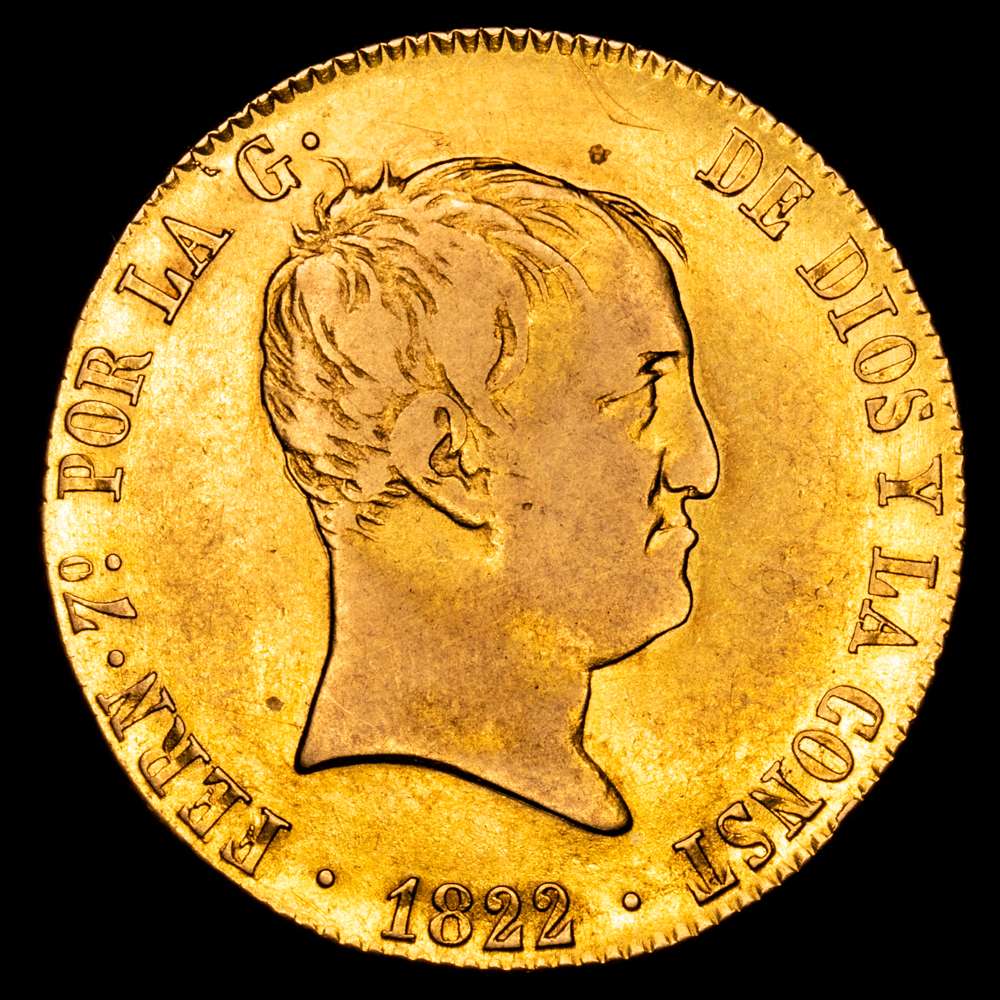 Fernando VII (1808-1833) 1822 SR. Madrid. 160 reales. (AC1719) Au 13,54 gr.  Tipo cabezón. Restos de brillo originales. Escasa. MBC+