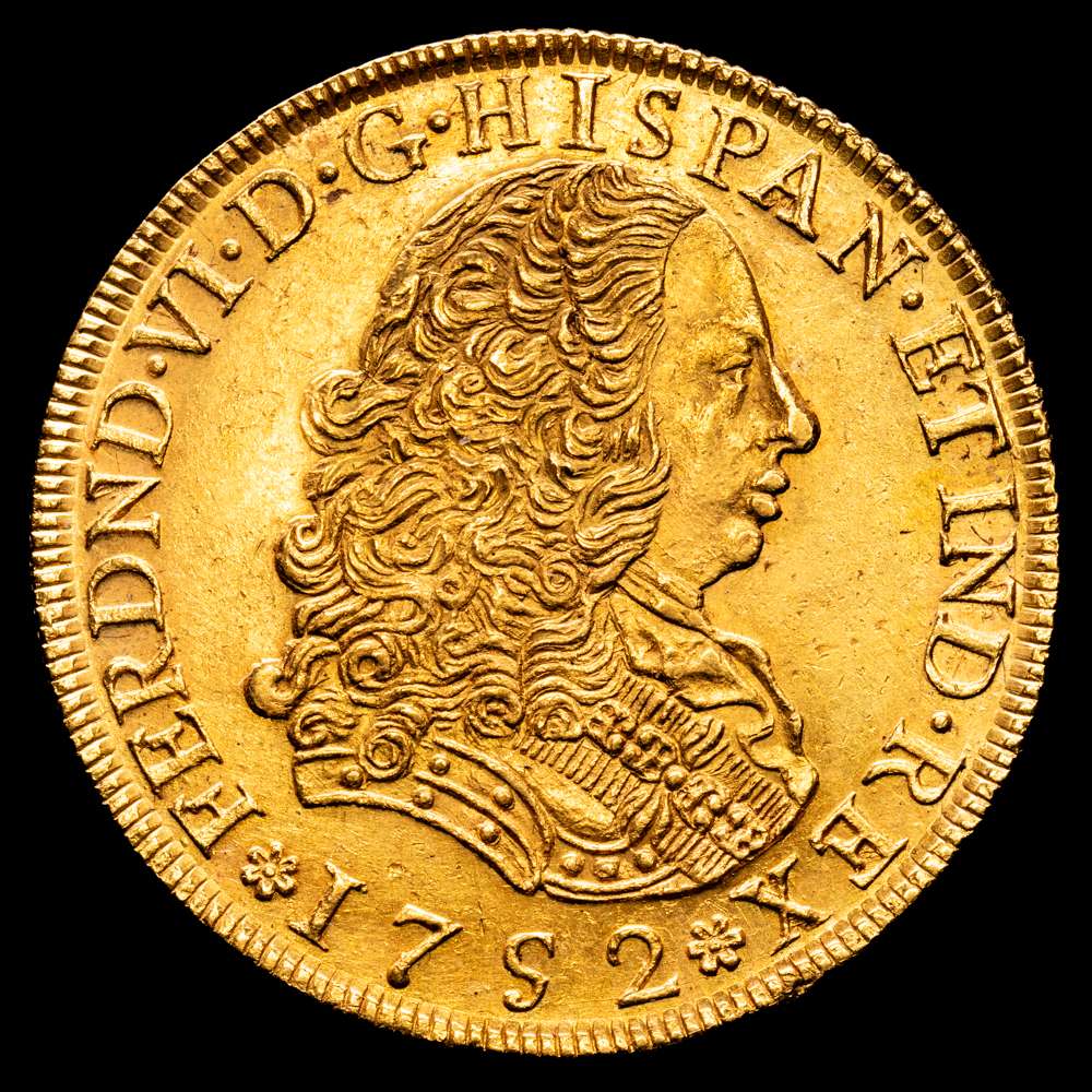 Fernando VI. 1752. Lima. J. 8 escudos. (AC. 765) (Cal.Onza 578). 27,10 gr. Brillo original.  Bello ejemplar con una acuñación bien definida Muy rara en esta conservación. EBC+/SC-.