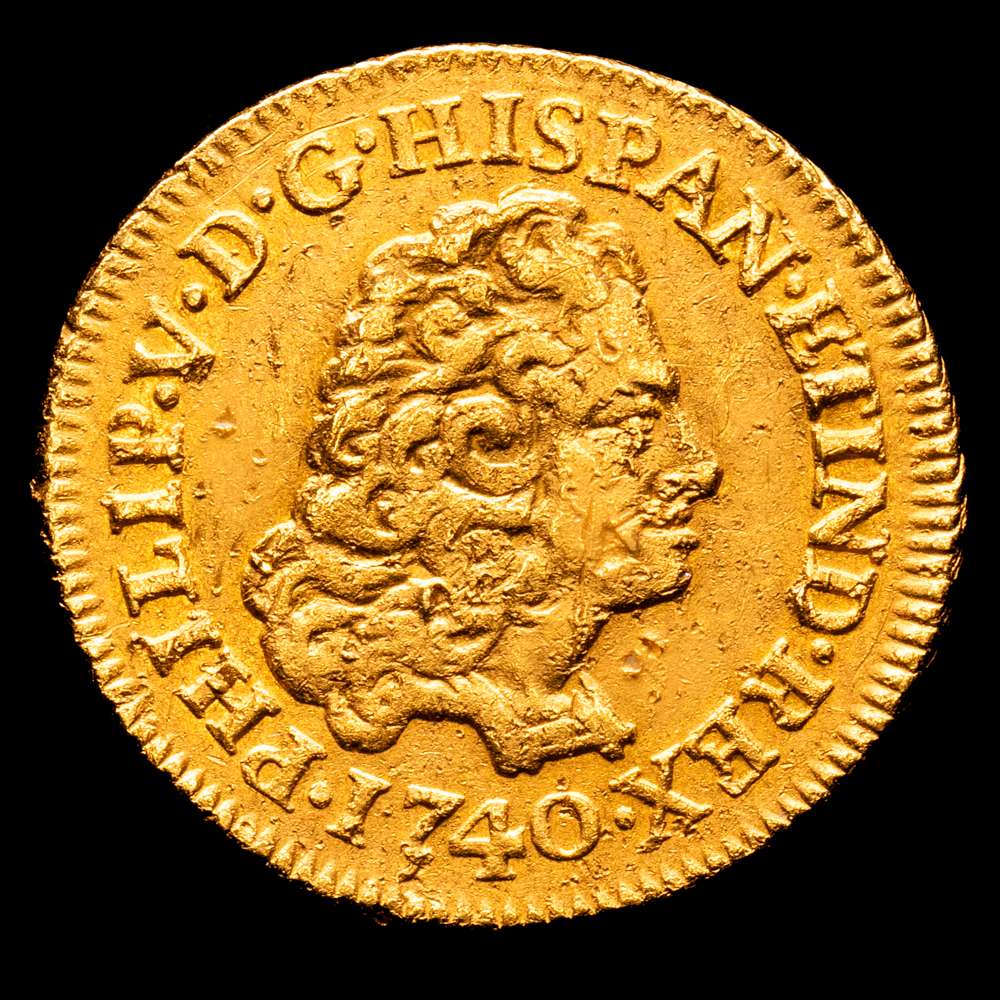 Felipe V (1700-1746). 1 escudo. 1740. Madrid. JF. (Cal-1719). Au. 3,34 gramos. Sin indicación de valor. Golpecitos Rara. VF.