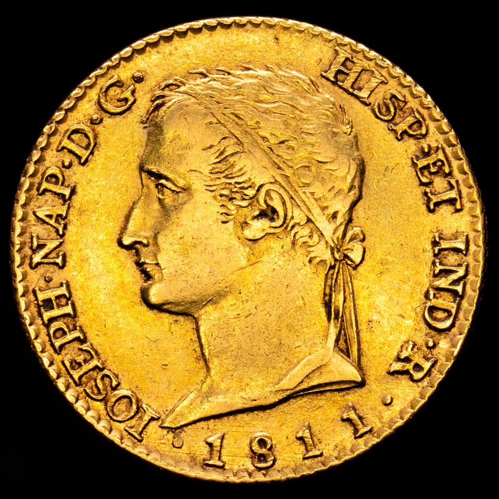 José Napoleón (1808-1814). 80 reales. 1811. Madrid. AI. (Cal-49). Au. 6,69 gramos. Busto diademado. Escasa. MBC+.