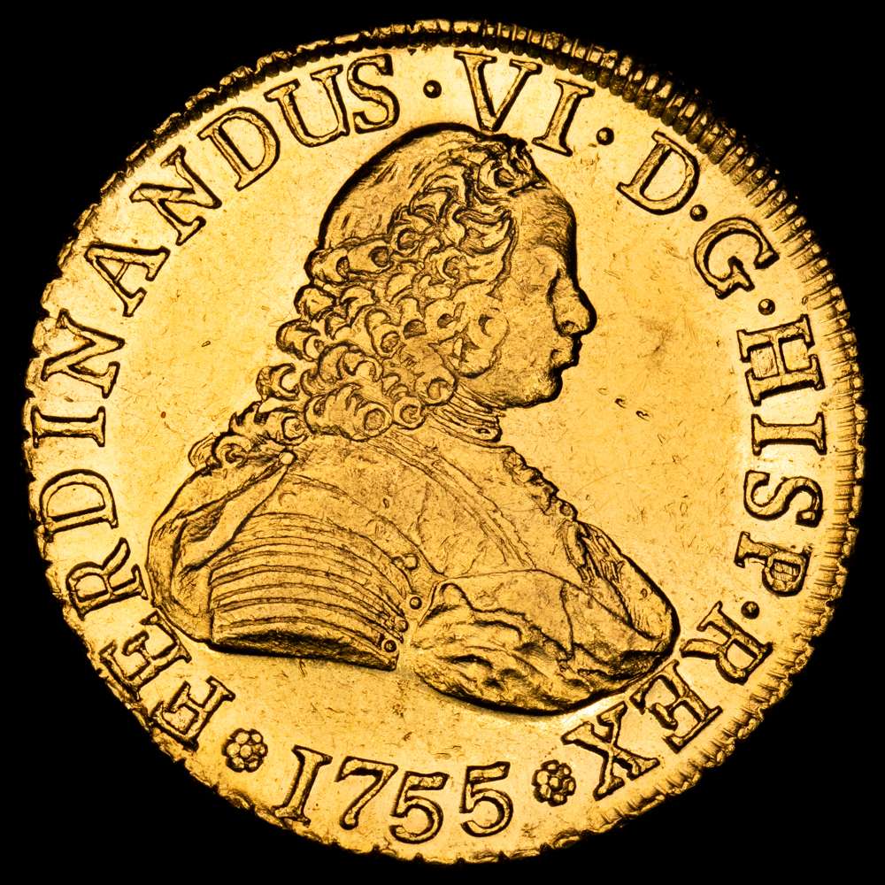 FERNANDO VI. 8 escudos. Santiago. 1755. J. Sin indicación de valor. (Cal-830). Au. 27,06 gramos. Rara. Gran parte de brillo original. Muy buena acuñación. Ejemplar muy atractivo. EBC.