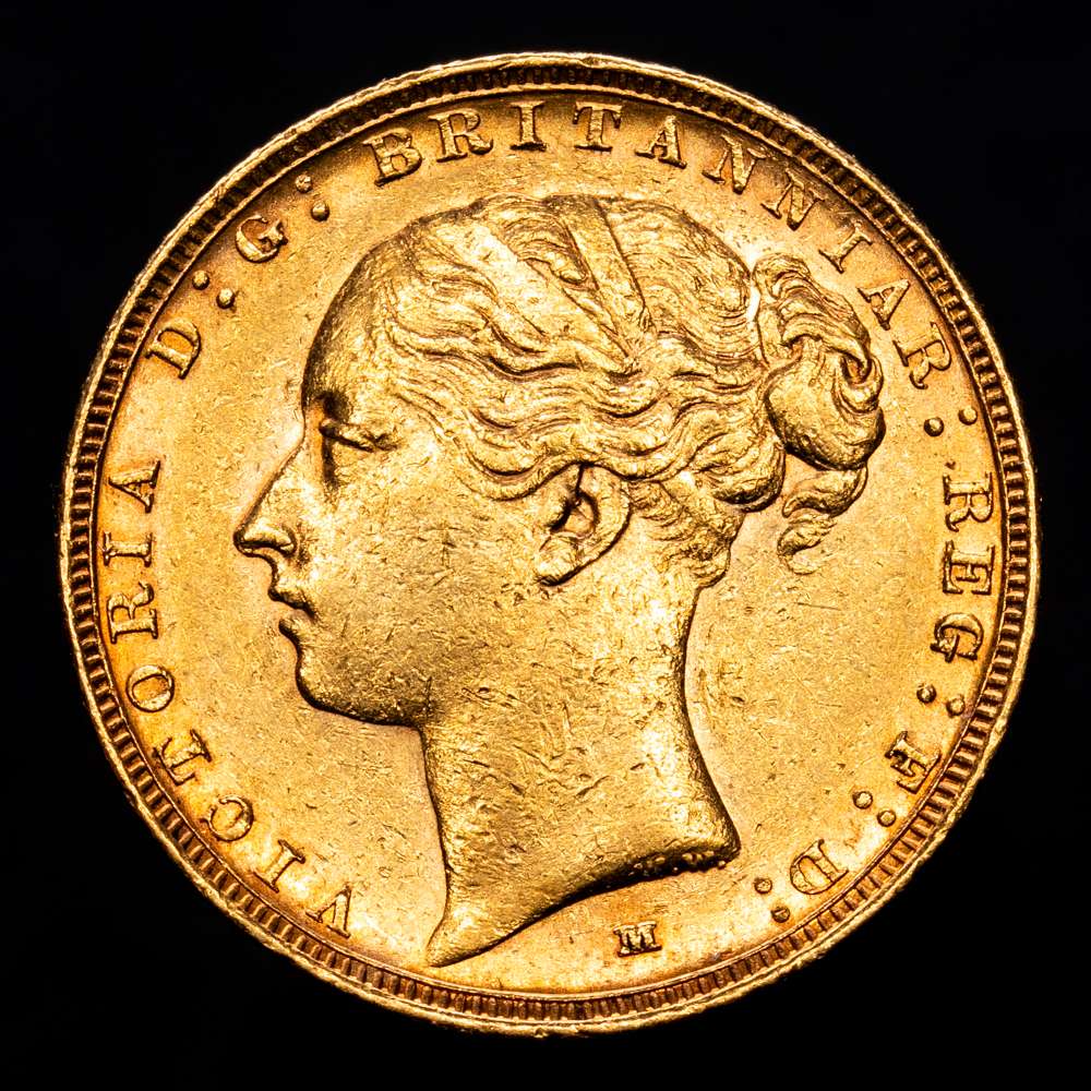 Gran Bretaña (Australia) , Victoria, 1837-1901. Soberano de oro (22 mm, 7,99 g), 1886 M. Melbourne. KM7, S-3857C. XF+.