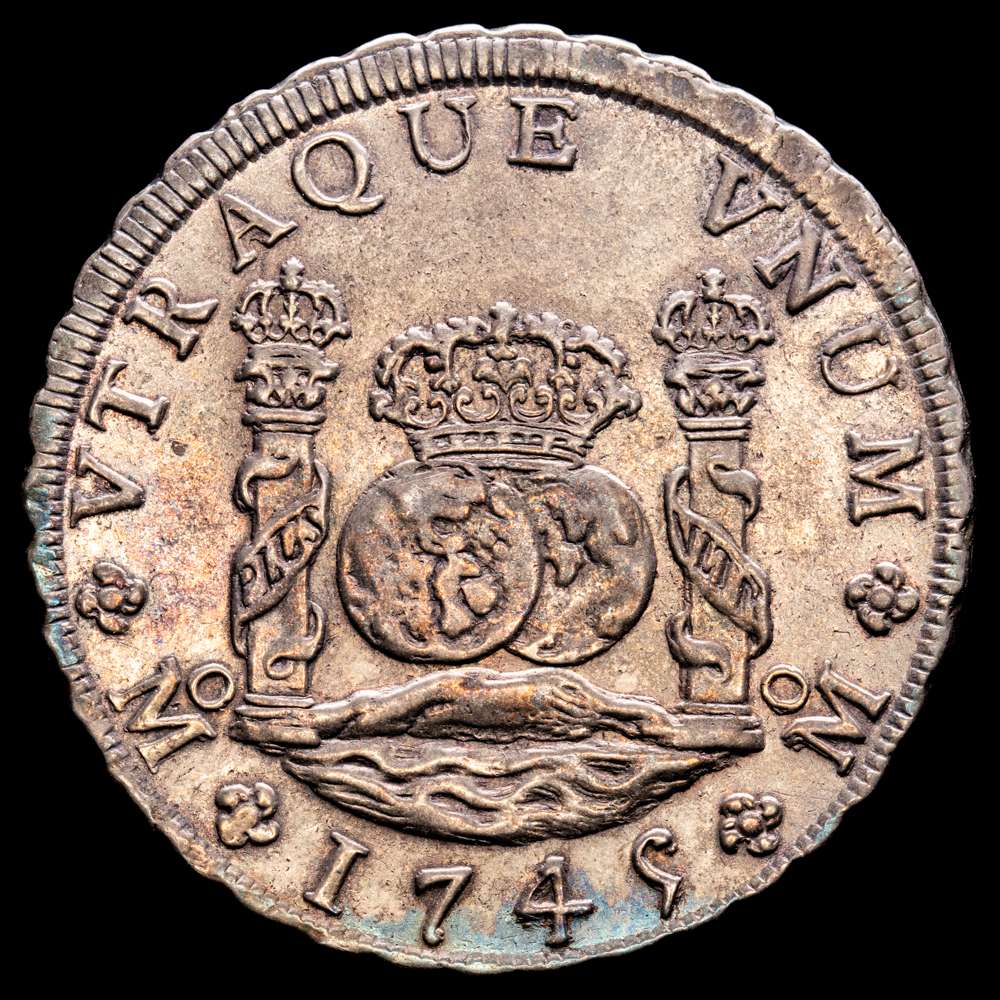 Felipe V. 8 Reales. (26,55 g.). Casa de la Moneda de la Ciudad de México. 1745. M·F. AC-1468. Hermoso tono de monetario antiguo. EBC.