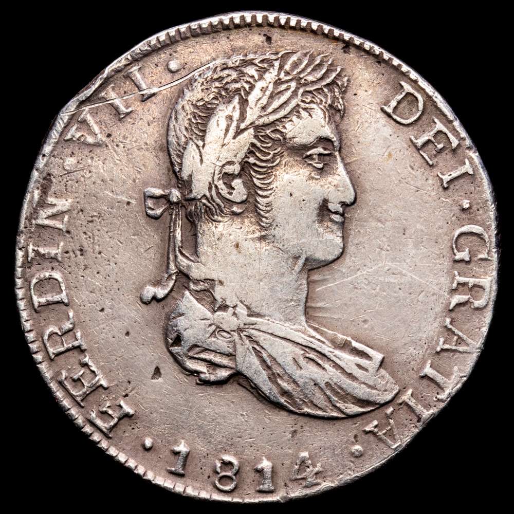 GUERRA DE INDEPENDENCIA. FERNANDO VII. 8 reales. 1814. Guadalajara. MR. AR 27,02 gramos. 38,36 milímetros. VI-1009; AC-1206. VF. Muy escaso.