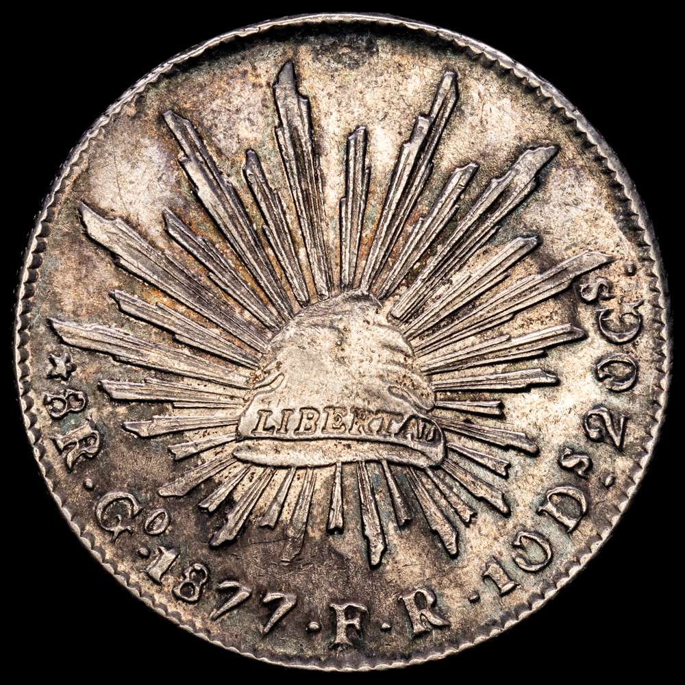 República de México. 8 Reales. (27,08 g.). Guanajuato. 1877. F·R. KM-377.8. Pátina oscura. XF.