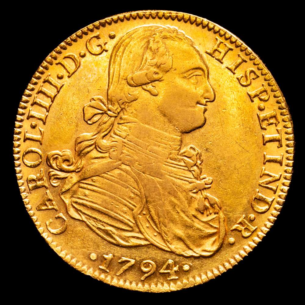 Carlos IV. 1794. México. FM. 8 escudos. (AC. 1633) (Cal.Onza 1024). Parte del brillo original. 27,06 gramos. EBC-.
