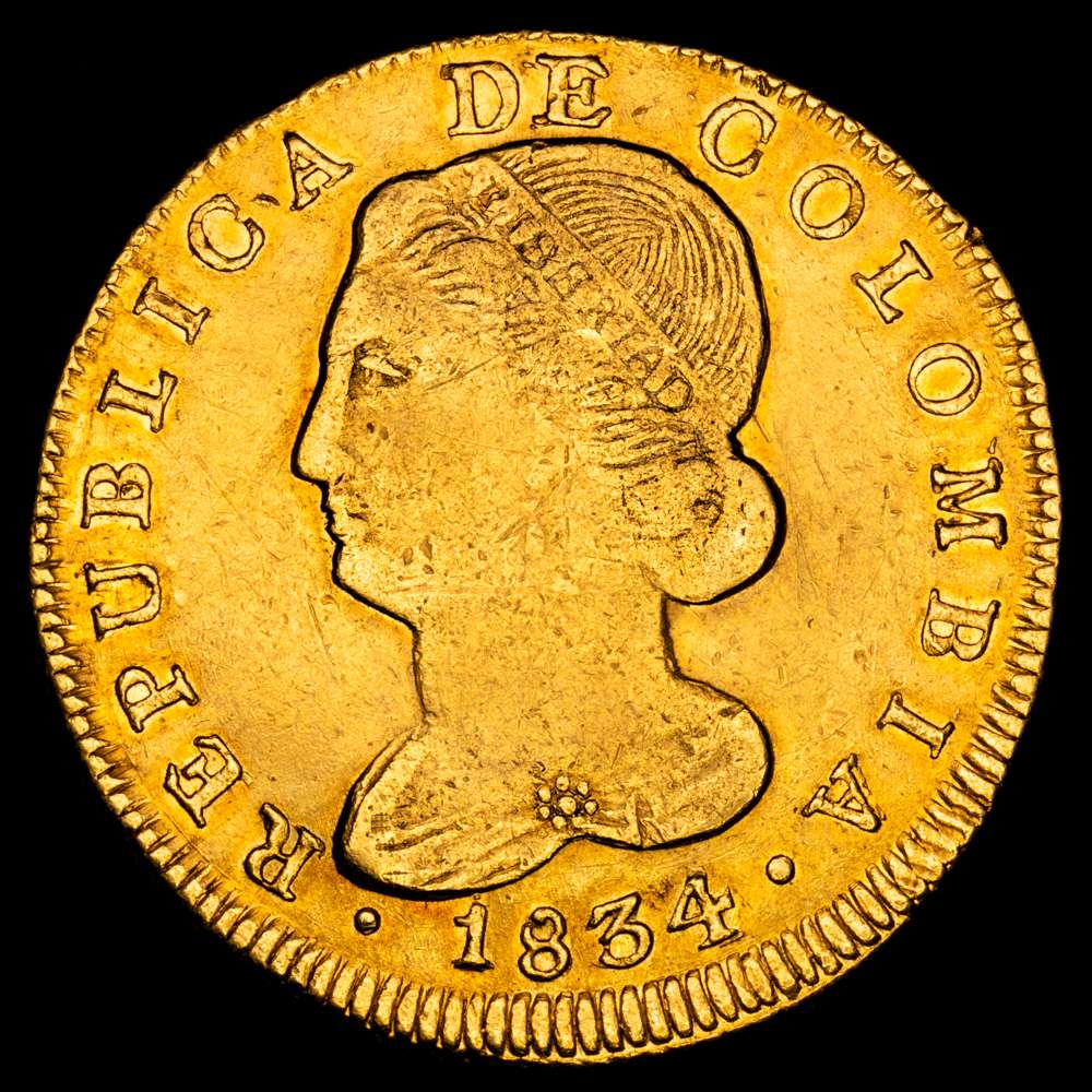 Colombia. 8 escudos. 1834. Popayán. UR. (Km-82.2). (Fr-68). Au. 26,91 gramos. 36 mm. Hoja en anv. y pequeñas marcas. R.B.O. VF+.