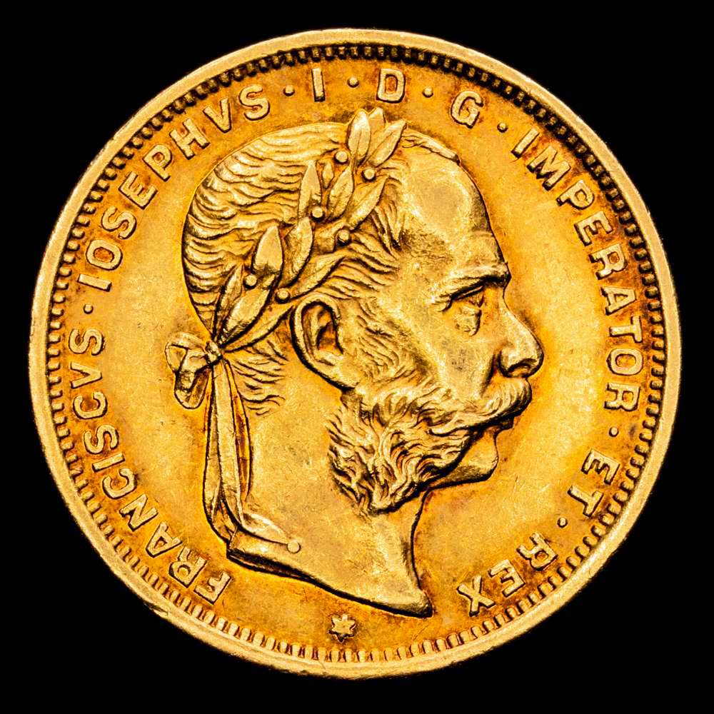 AUSTRIA. Kaisertum Österreich-Ungarn. Francisco José I, 1867-1916. 8 florines – 20 francos (6,42 g, 12 h), Wien (Viena), 1892. KM 2269. Pequeñas marcas; por lo demás, en muy buen estado.