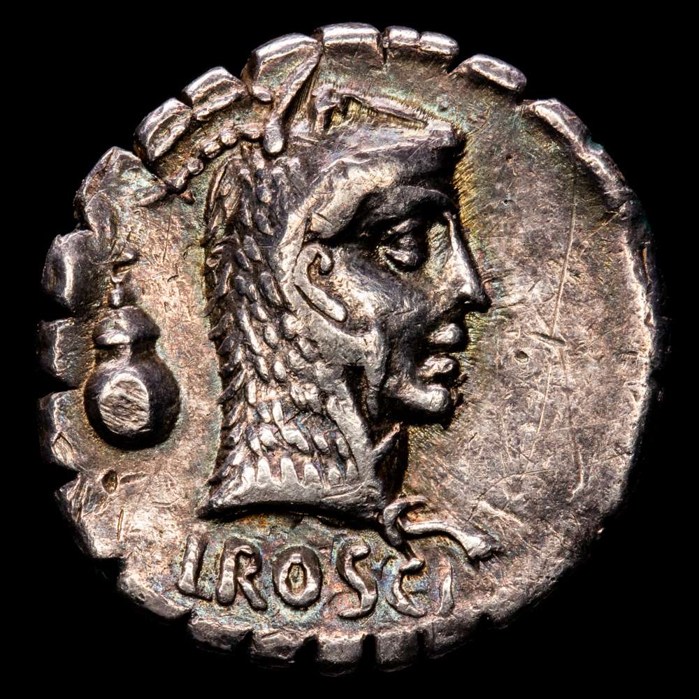 Denario. 64 a.C. ROSCIA. L. Roscius. 3,84 grs. AR. Par de símbolos que Crawford no cataloga. BMC-3394-10; Cal-1231; Craw-412/1; FFC-1090; Se-3. MBC+.