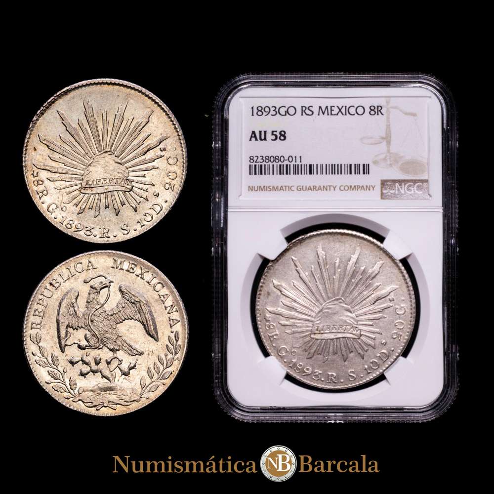 PRIMERA REPÚBLICA KM# 377.8 (D&P-Go76) – 8 Reales 1893 Guanajuato Go RS. NGC AU58. – Parte de brillo en ambos lados.