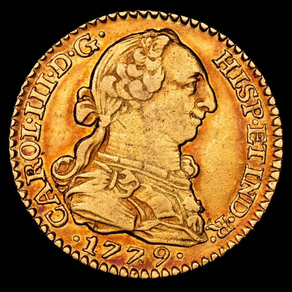 Carlos III. 1779 Madrid. PJ. 1 escudo. (AC. 1358). Precioso color. Escaso en esta condición. 3,41 gramos. EBC-/EBC.