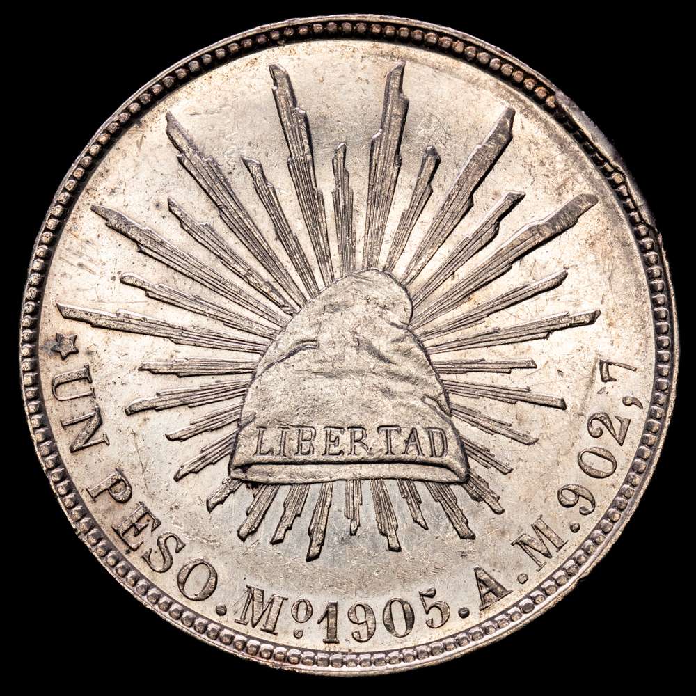 República Federal de México 1905 Mo AM 1 Peso Plata (.9027) Casa de la Moneda de la Ciudad de México (3557000). Ag 26,92 gramos. (Km-409,2). UNC-.