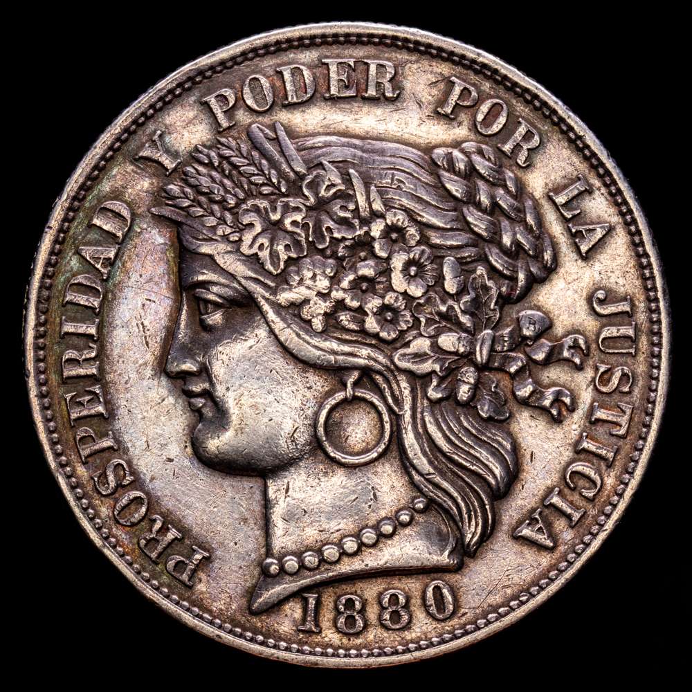 Perú. 5 pesetas. 1880. Lima. BF. (Km-201,2). Ag. 24,89 gramos. Bonita pátina. XF.