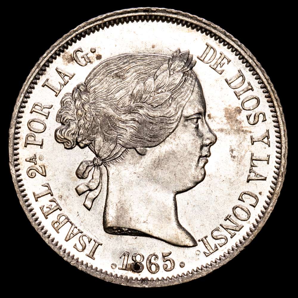 Isabel II. 40 Céntimos de Escudo. (5,24 g.). Madrid. 1865. AC-500. Leves manchitas. EBC+. Brillo original. Escasa así.
