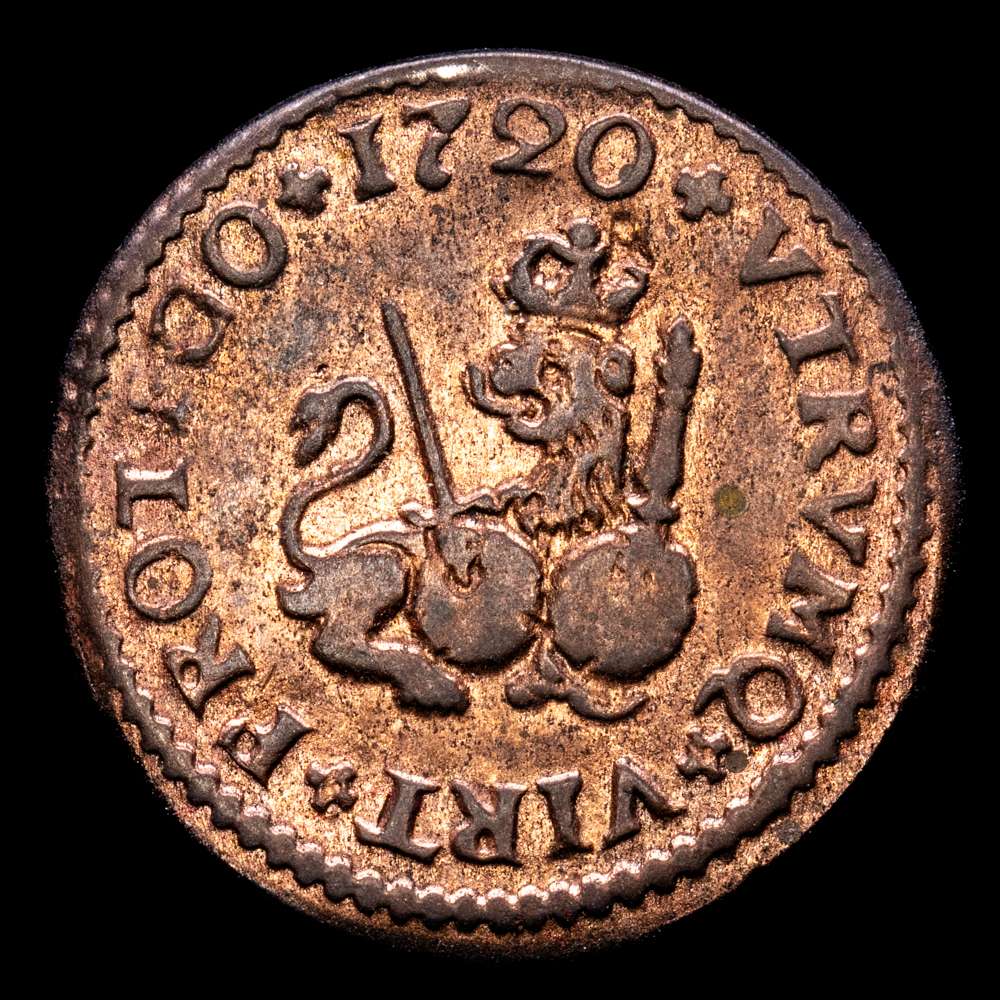 Felipe V (1700-1746). 1 maravedí. 1720.Barcelona. (Cal-45). Ae. 2,01 gramos. Conserva gran parte de su color y brillo original. EBC. Rara así.
