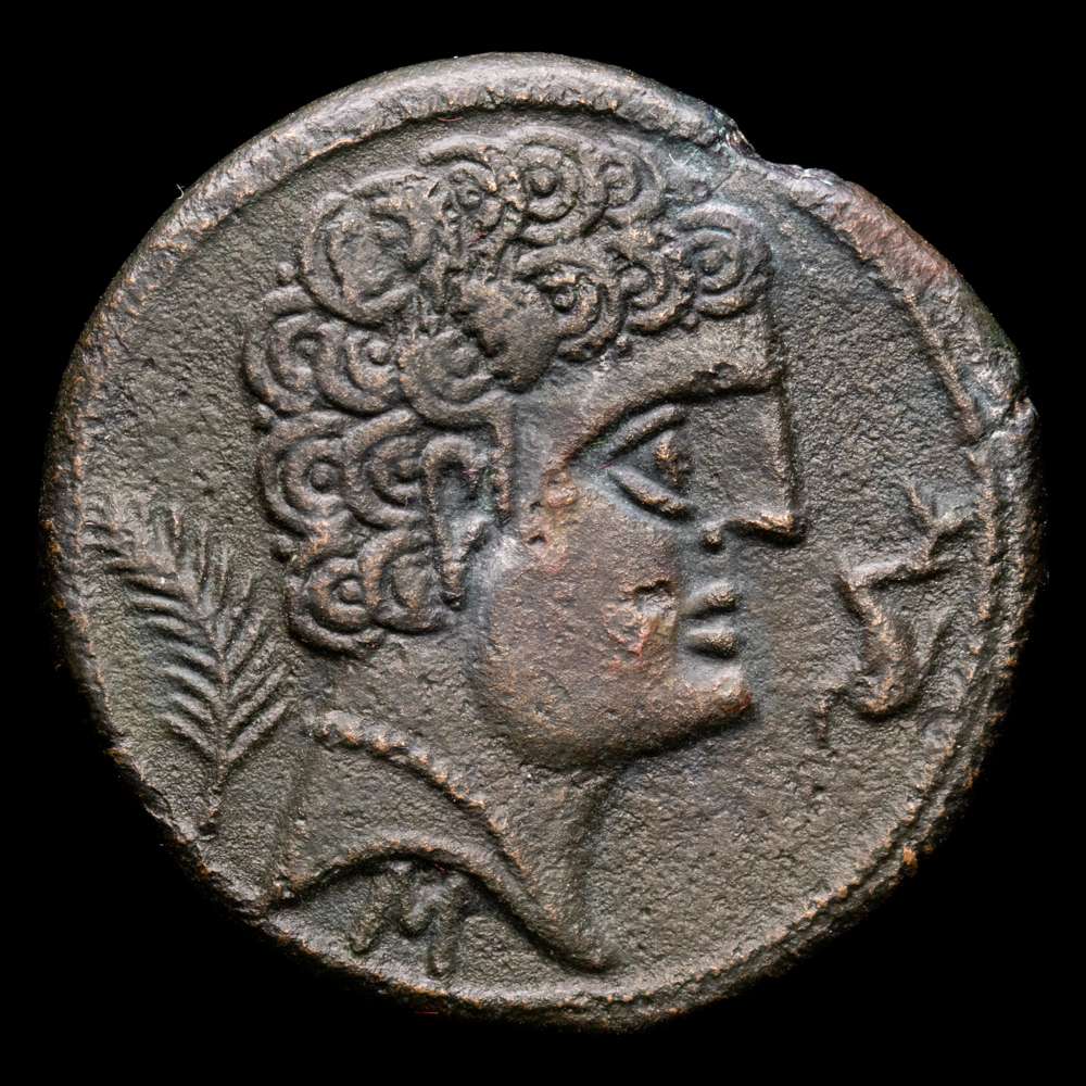 SECOBIRICES. As. Cabeza con palma, M y delfín. Jinete con lanza. Vv(26) 3-XXXVII-3. Peso 11´48 g. EBC-. Buen anverso