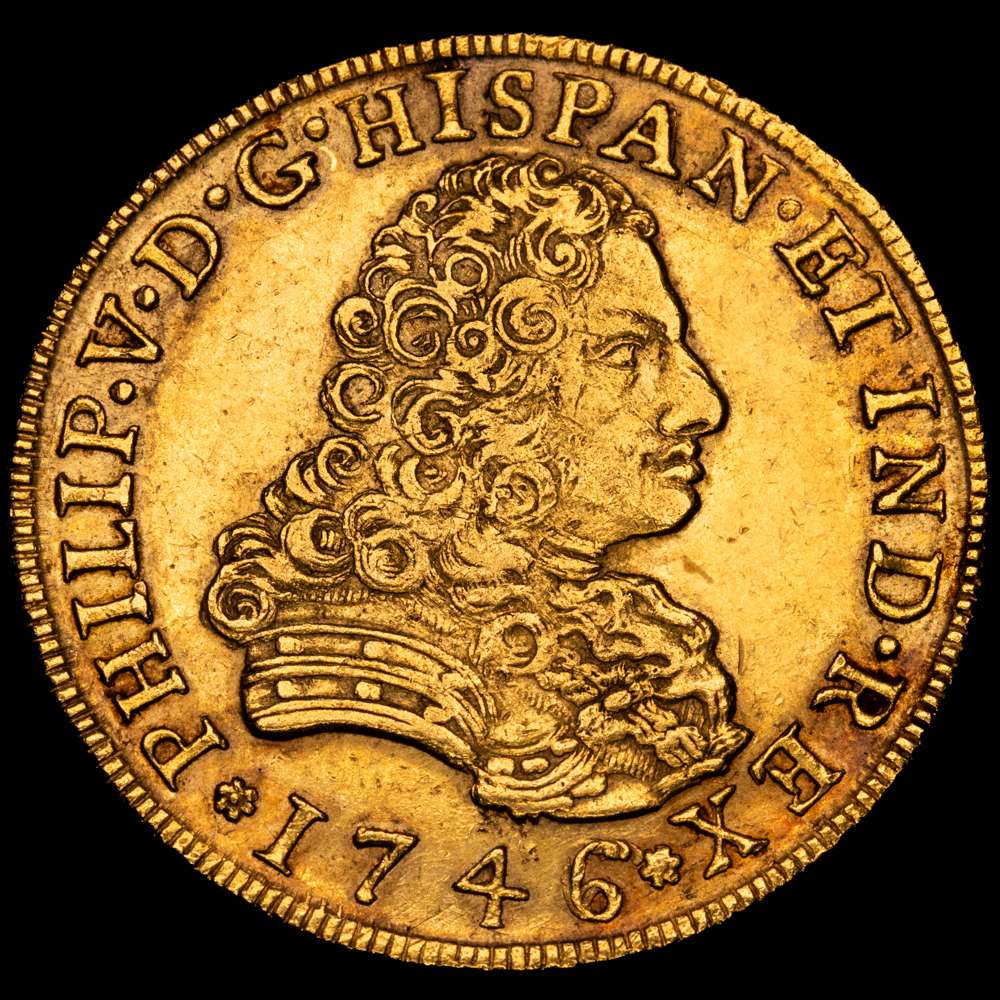Felipe V (1700-1746). 8 escudos. 1746/6/6. México. MF. (Cal-2252). (Cal onza-445). Au. 27,03 gramos. Bello color. Restos de brillo originales.  Rara. EBC. Buen ejemplar.