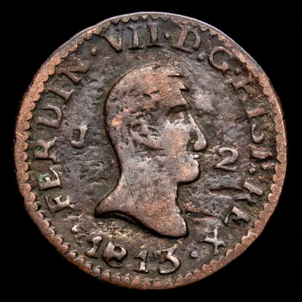 Fernando VII. 2 Maravedis. (2,56 g.). Jubia. 1813. AC-125. MBC-. Escasa. Busto desnudo