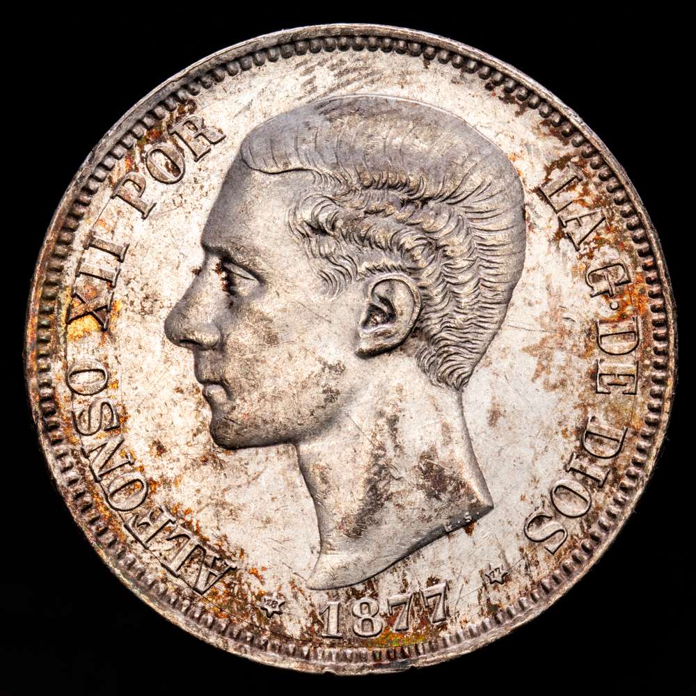 Alfonso XII. 5 Pesetas. (25,01 g.). Madrid. 1877 *18-77*. DE·M. AC-38. EBC+.