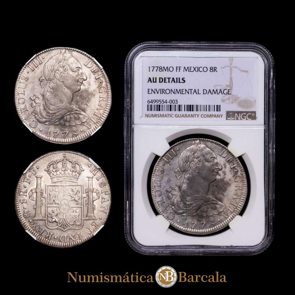 CARLOS III. 8 reales. 1778. México. FF. VI-940; AC-1117. Encapsulada por NGC como AU DETALLES. Pátina irregular.
