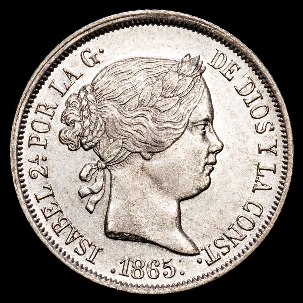 Isabel II. 40 Céntimos de Escudo. (5,14 g.). Madrid. 1865. AC-500. EBC. Parte del brillo original. Escasa así