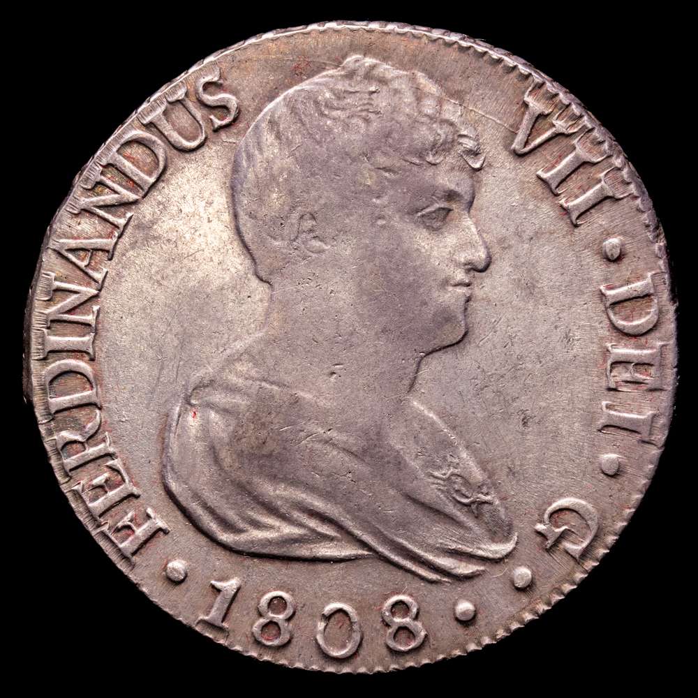 Fernando VII (1808-1833). 8 reales. 1808. Sevilla. CN. (Cal-1411). Ag. 26,87 gramos. Tono. Busto desnudo. Escasa. MBC+.