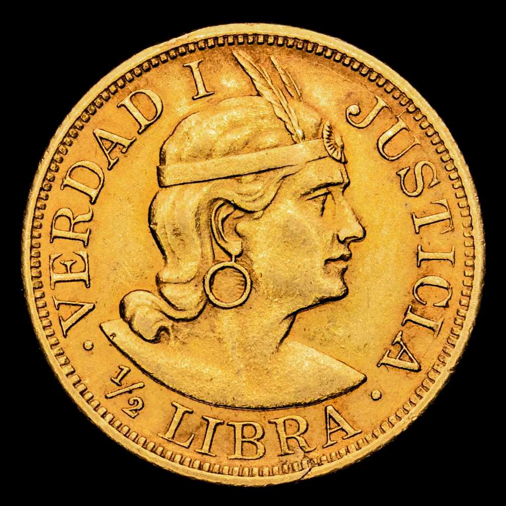 República del Perú, 1/2 Libra 1904-ROZF, ceca de Lima, KM209. 3,99 gramos. XF+. Bello color.