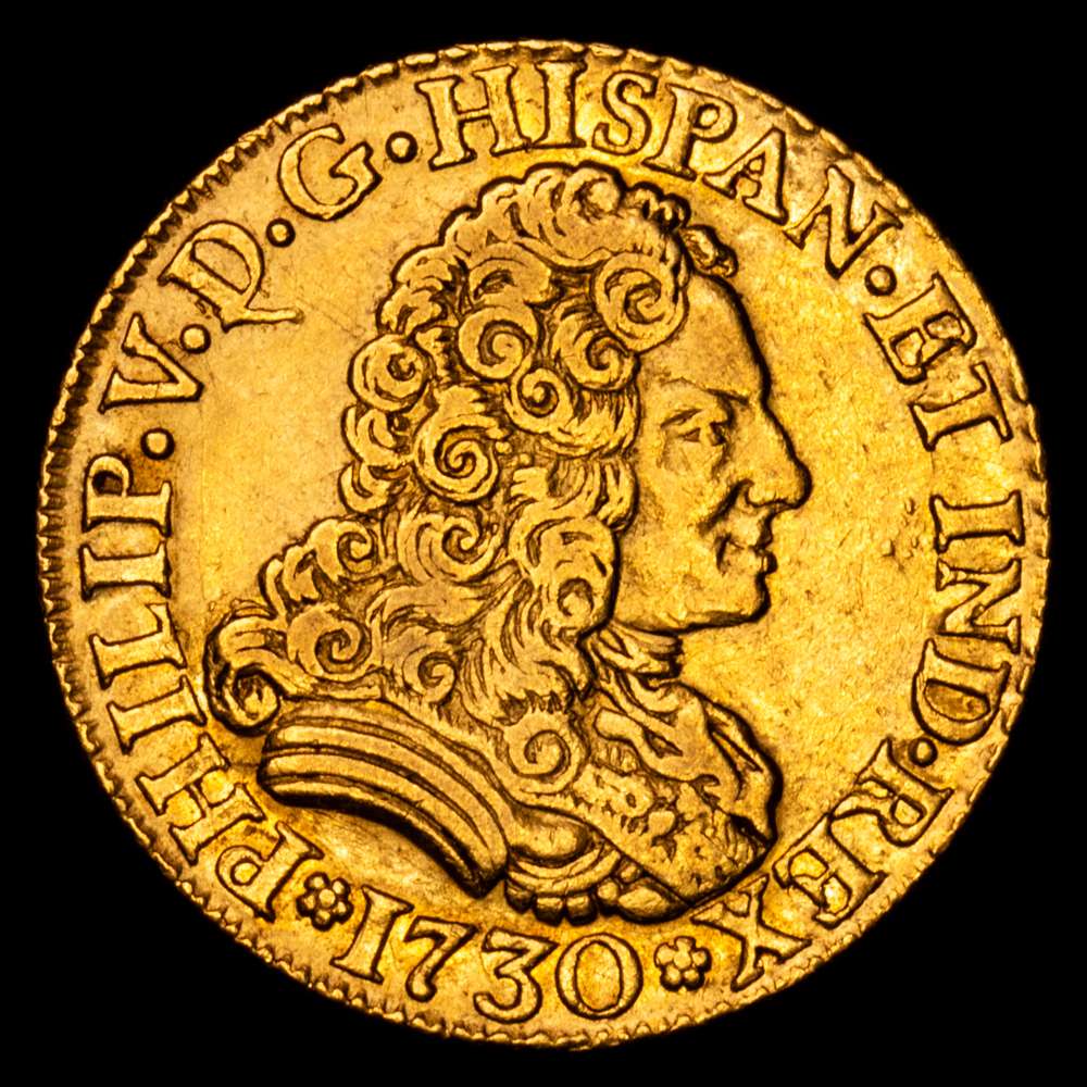 FELIPE V (1700-1746). 1730. Sevilla. 2 escudos. Sin indicador de valor ni ensayador. (AC 1984). Au 6,19 gramos. VF+.