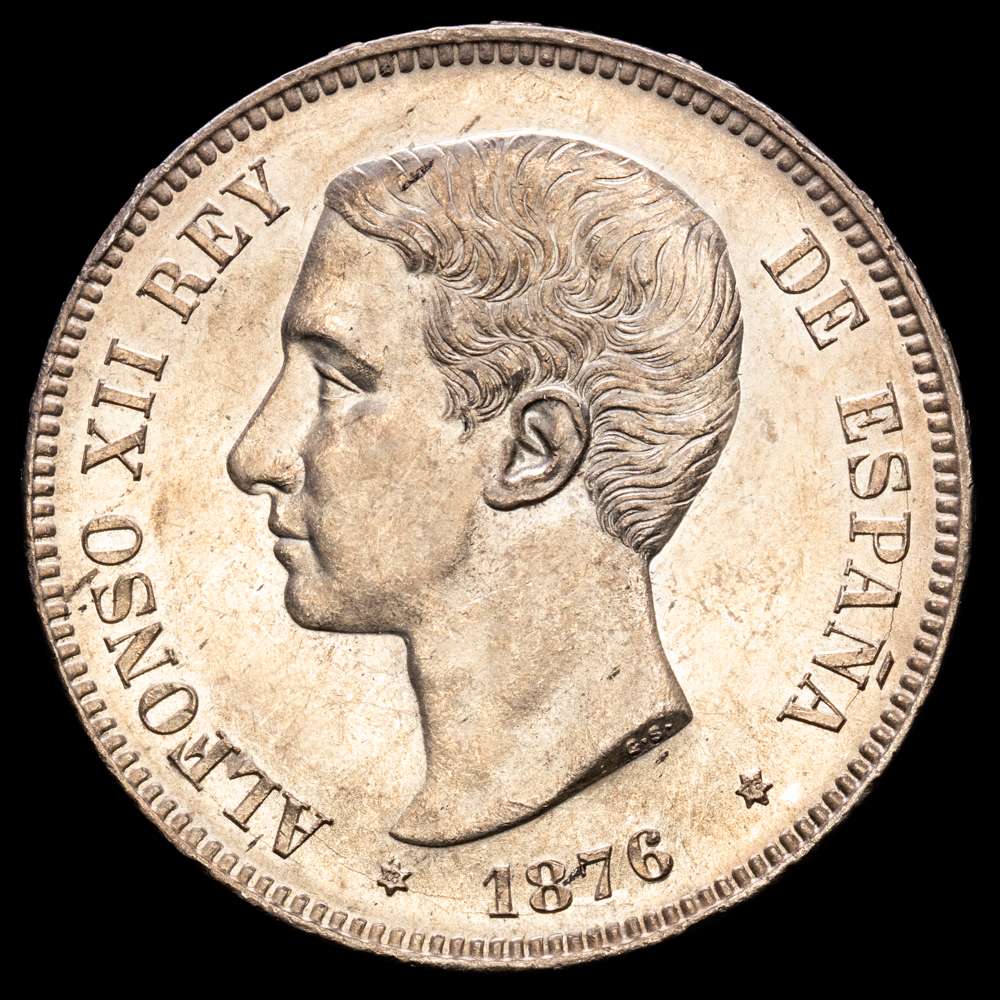 Centenario de la Peseta (1868-1931). Alfonso XII. 5 pesetas. 1876*18-76. Madrid. DEM. (Cal-37). Ag. 24,95gramos. Suave y atractiva pátina. Parte de brillo original. SC. Muy rara así.