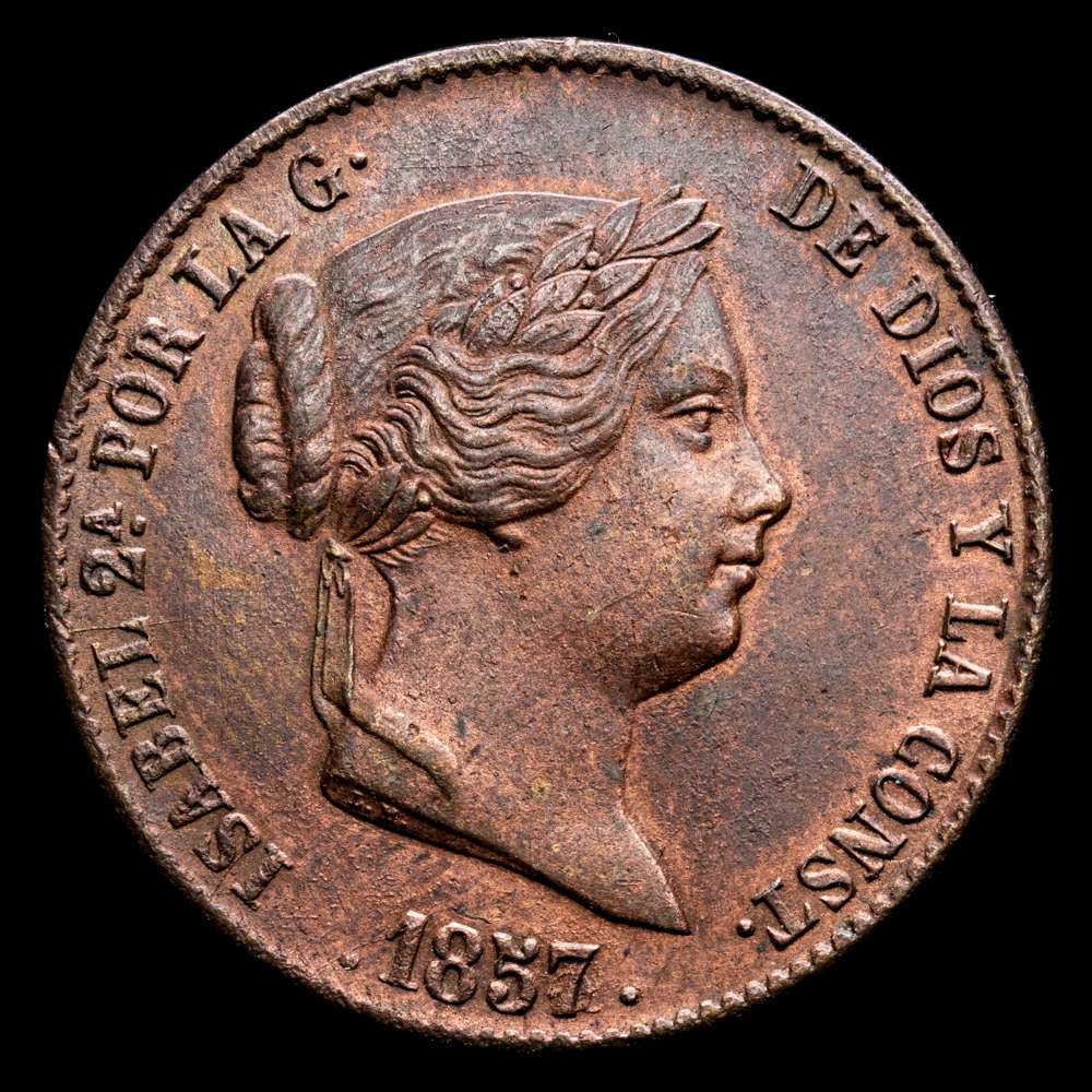 Isabel II (1833-1868). 25 Céntimos de Real. 1857. Segovia. (Cal-190). Ae. 9,85 gramos. EBC+.