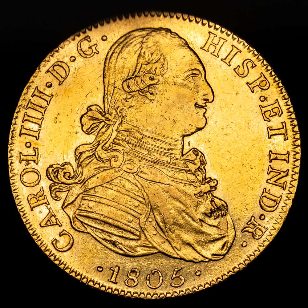 Carlos IV  (1788-1808). 1805 TH. México. 8 escudos. (CA 1649).(Cal onza-1041). 27,05 gramos. AU. Busto propio. Brillo original. Muy bonita. EBC/EBC+.