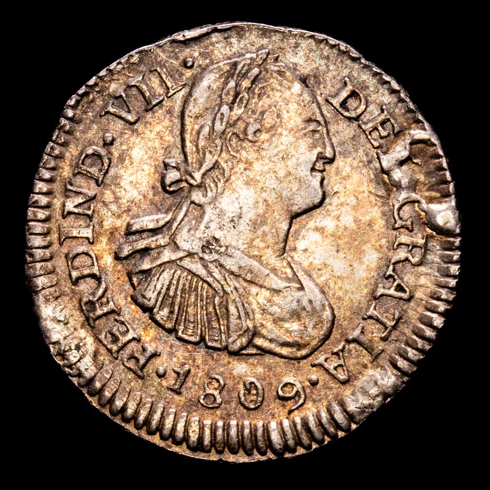 Fernando VII (1808-1833). 1/2 real. 1809. Guatemala. M. (Cal-329). Ag. 1,71 gramos. Precioso color. (EBC-). Rara.