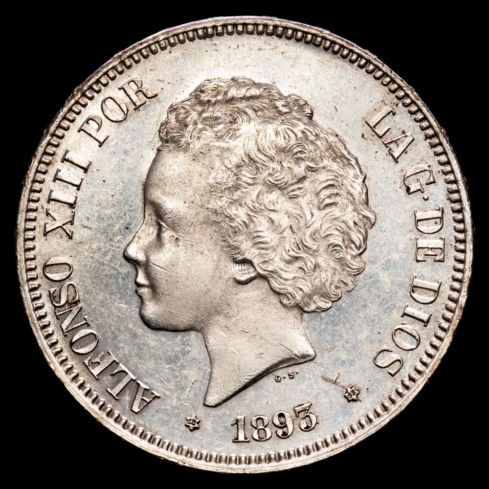 Alfonso XIII. 5 Pesetas. (25,01 g.). Madrid. 1893 *18-93*. PG·L. AC-102. EBC+/SC-. Brillo original.