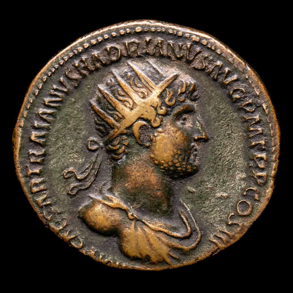 Adriano. Dupondio. 120-121 dC Roma. (Ric-II 441). (Bmcre-1230). (C-977). Ae. 14,47 gramos. Bella pátina marrón. Excelente estado de conservación.