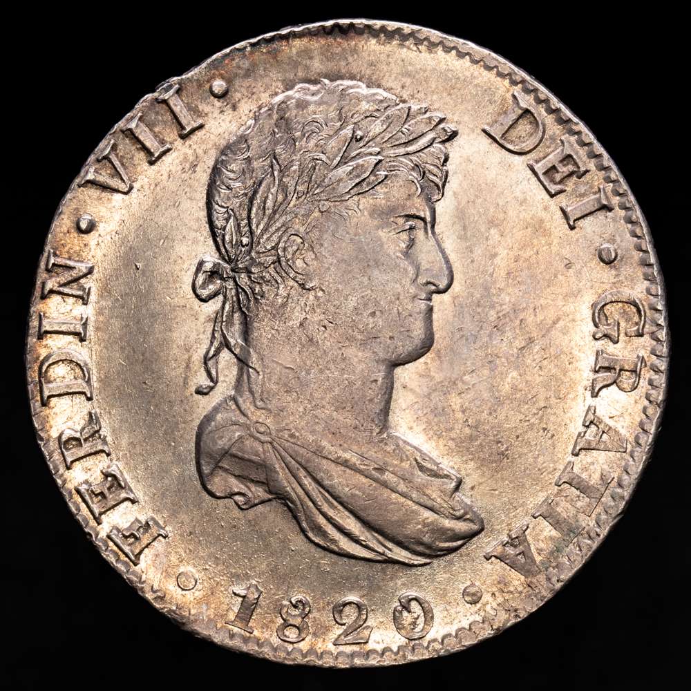 Fernando VII (1808-1833). 8 reales. 1820. México. JJ. (Cal-1336). Ag. 27,06 g. Bello tono. Buena acuñación con parte del brillo original. Atractivo. Raro en esta conservación. EBC+.